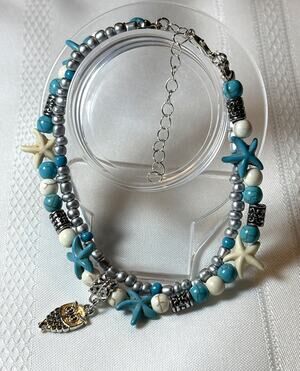 Softones Blue Starfish Owl Anklet Multilayer Charm Beads Sea Boho Foot jewelry v